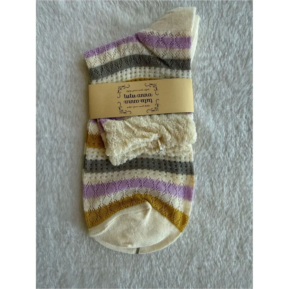 Tutuanna Lace Trim Striped Ankle Socks Cream Lavender Mustard Gray NWT
